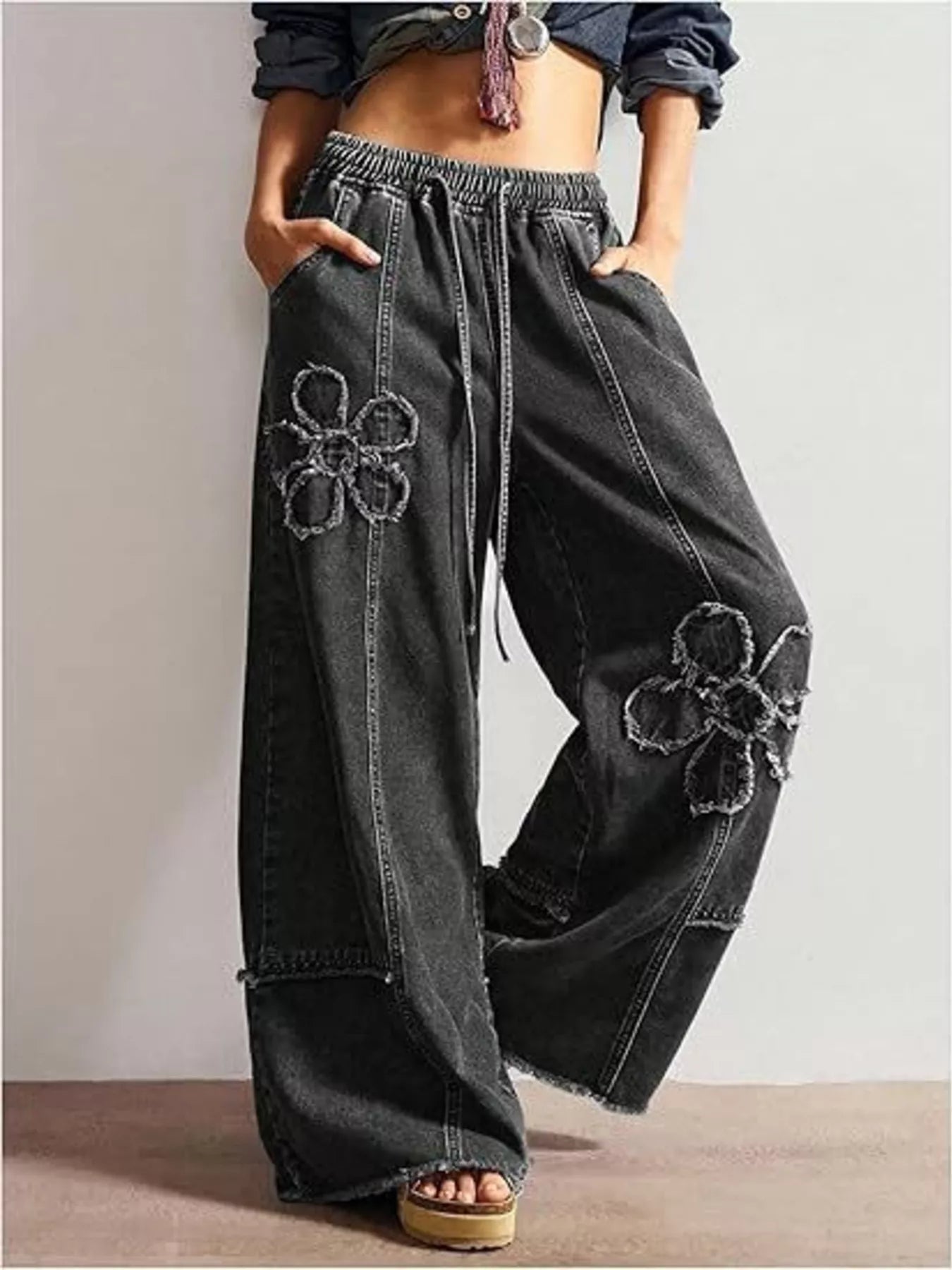 Floral applique wide leg jeans front view