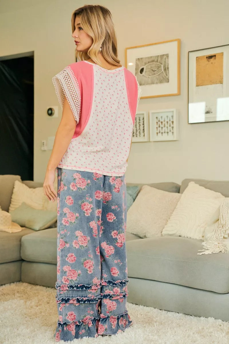 Floral denim pants styled for summer