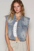 Asymmetrical distressed denim vest front view
