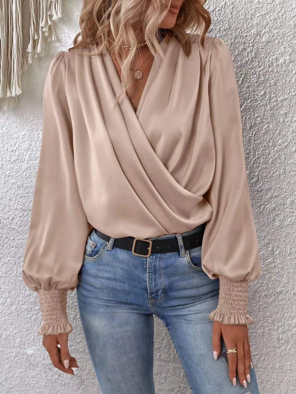 Surplice smocked lantern sleeve blouse front view