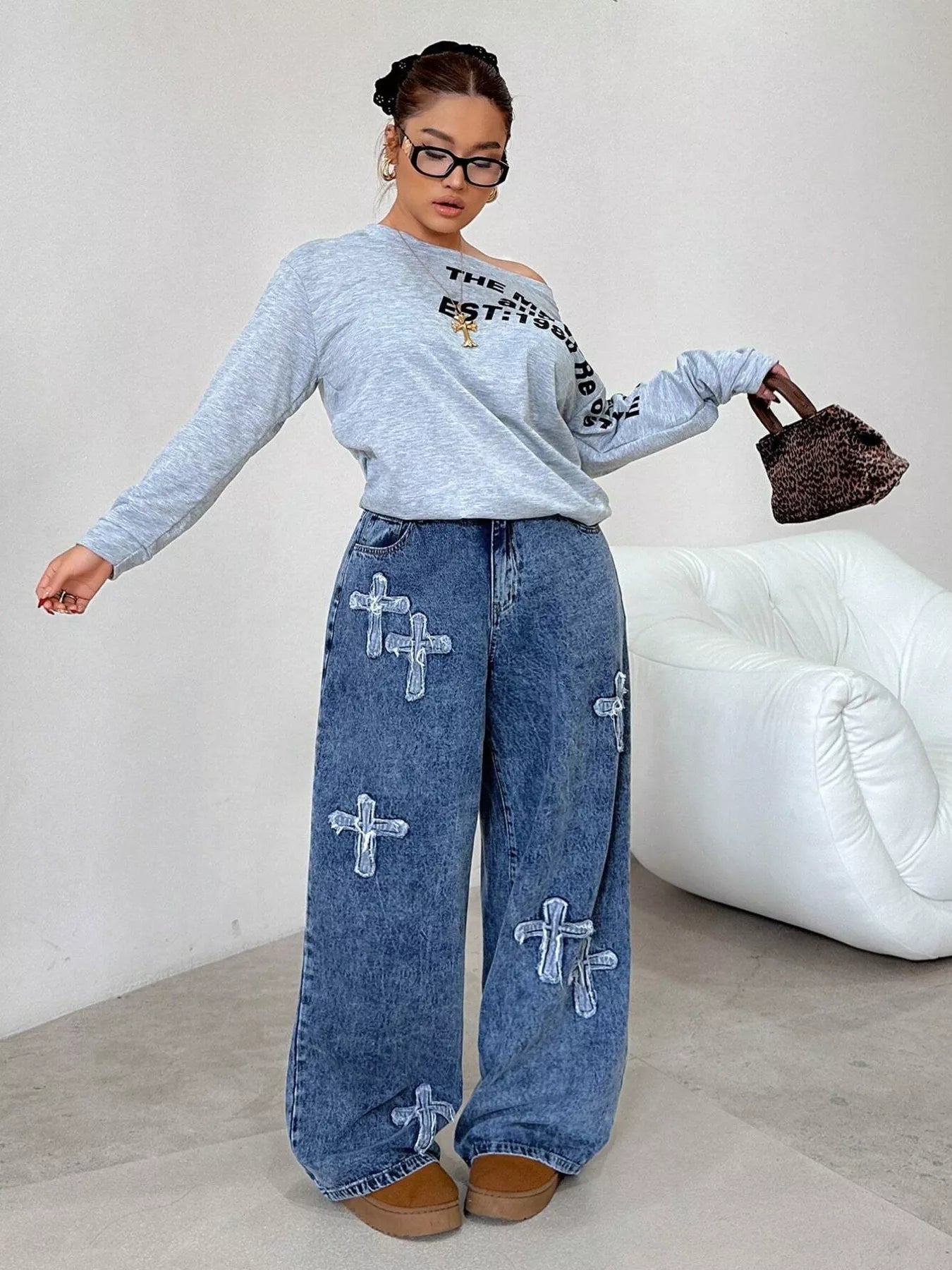 Model wearing embellished cross jeans western styled outfit