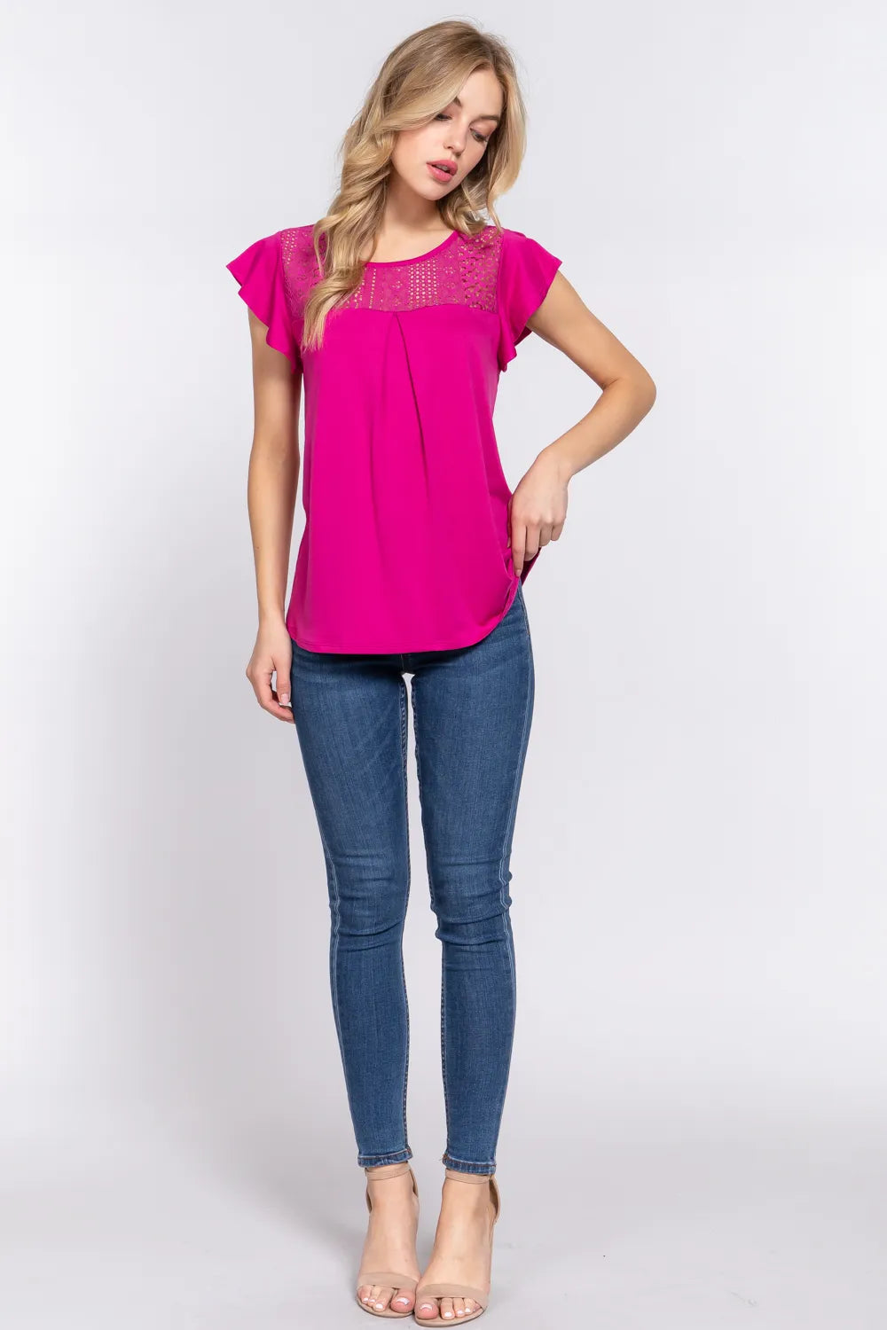 Magenta lace detail knit top back view