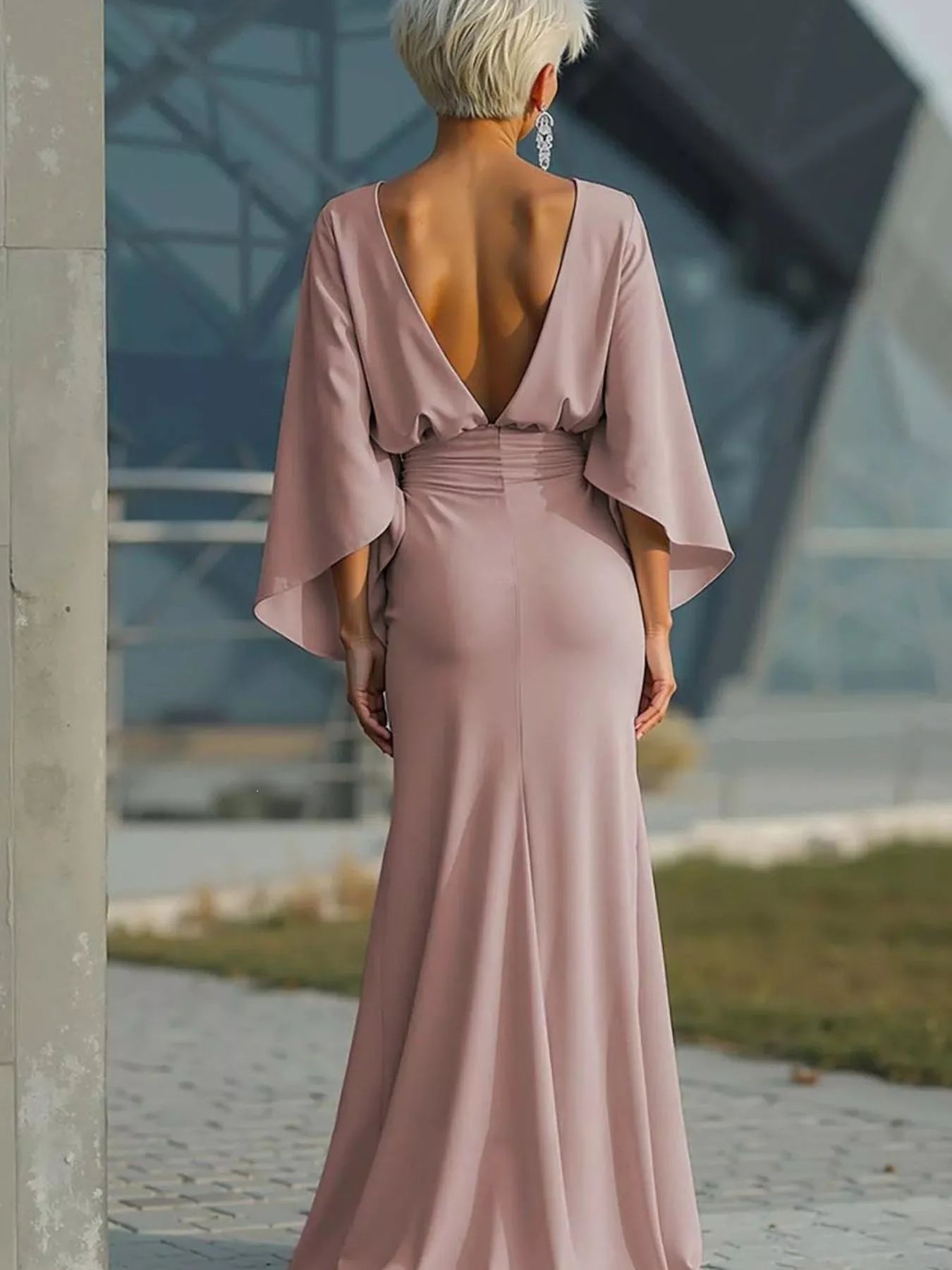 Ruched maxi dress side view on model