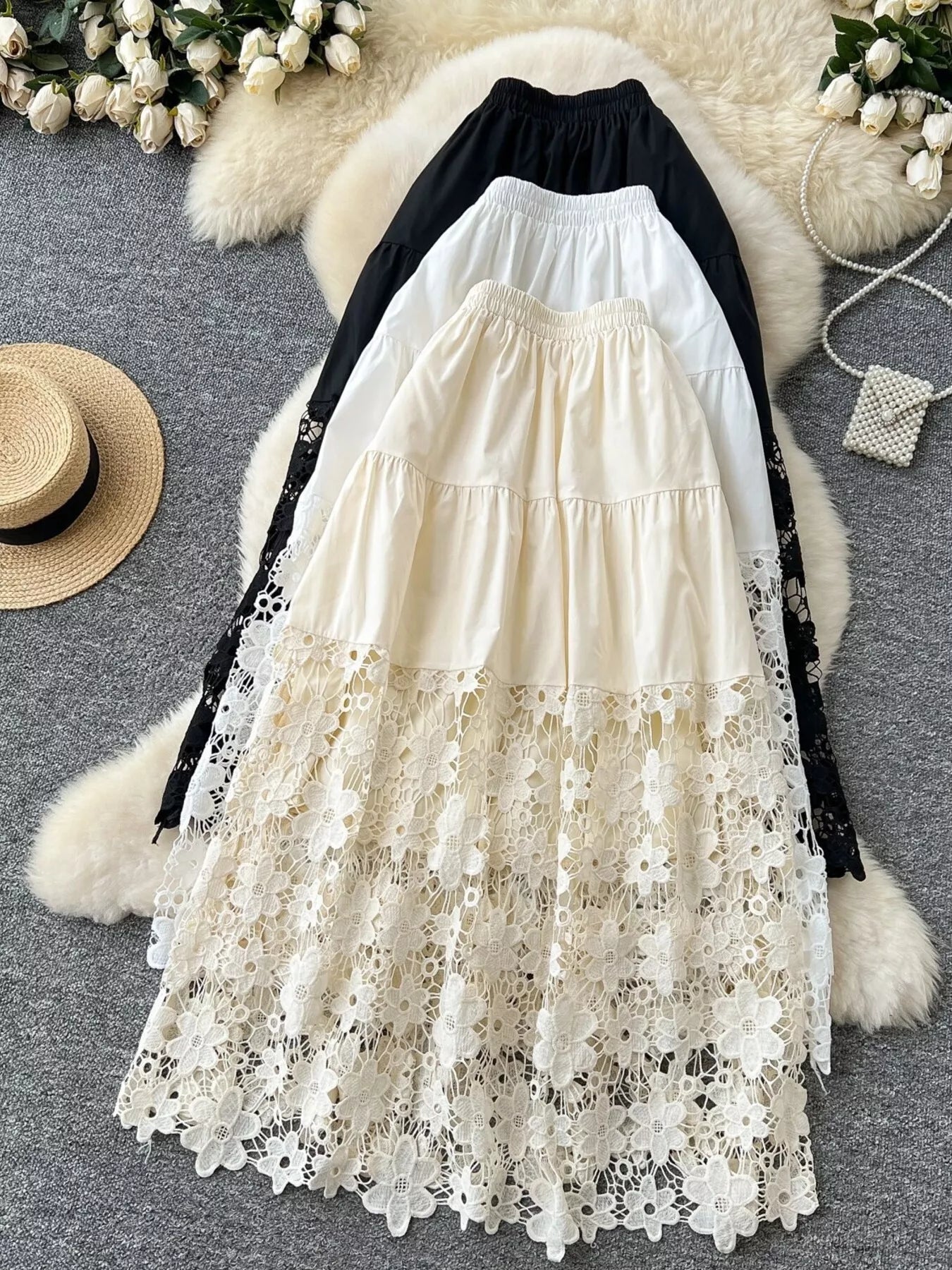Apricot lace tiered skirt on model side view