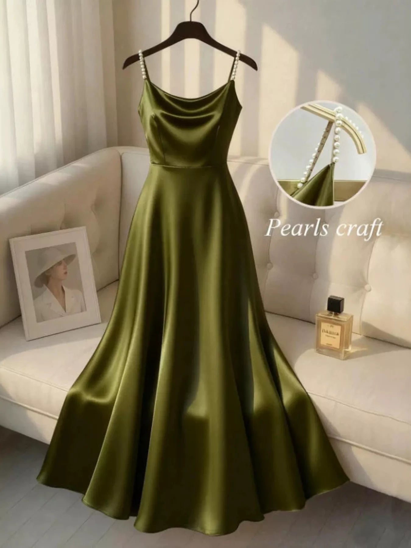 Olive green pearl strap satin maxi dress detail