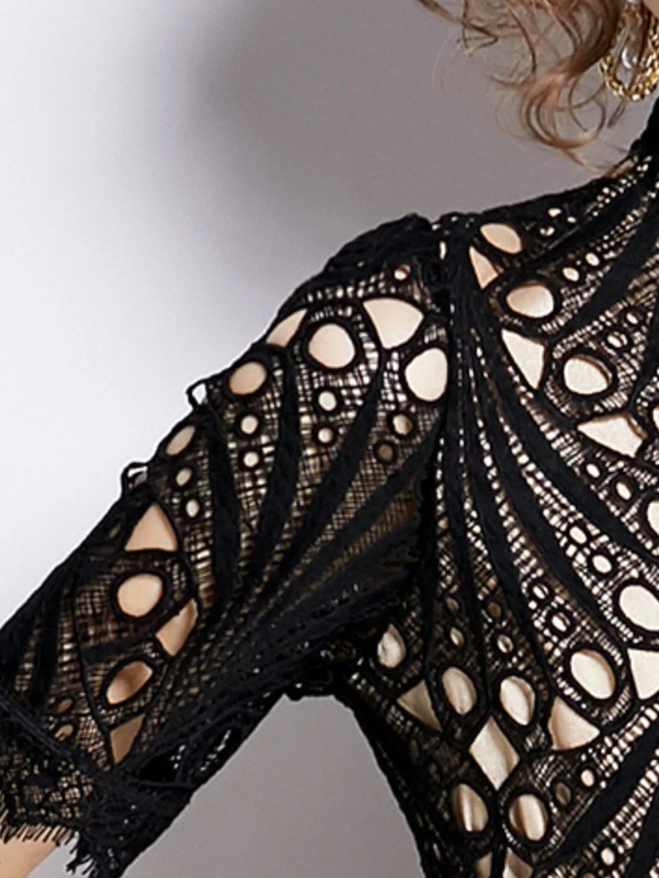 Elegant black lace short sleeve midi dress front view