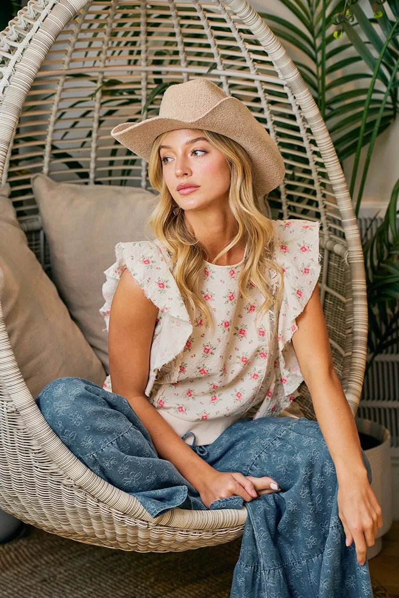 Floral ruffle sleeve top fabric texture