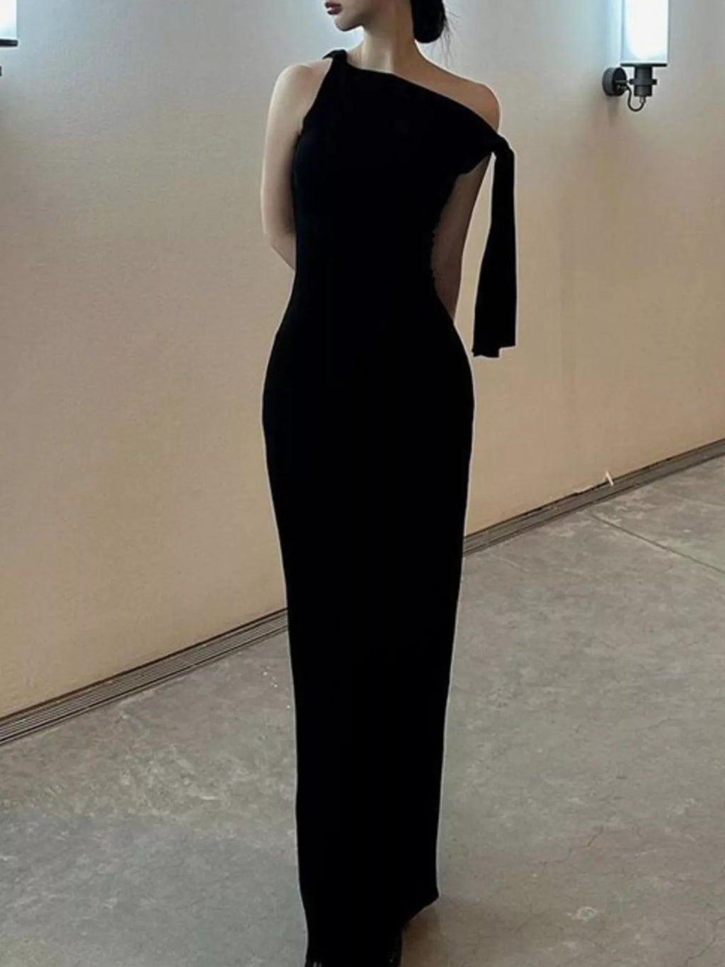Draped maxi dress profile view