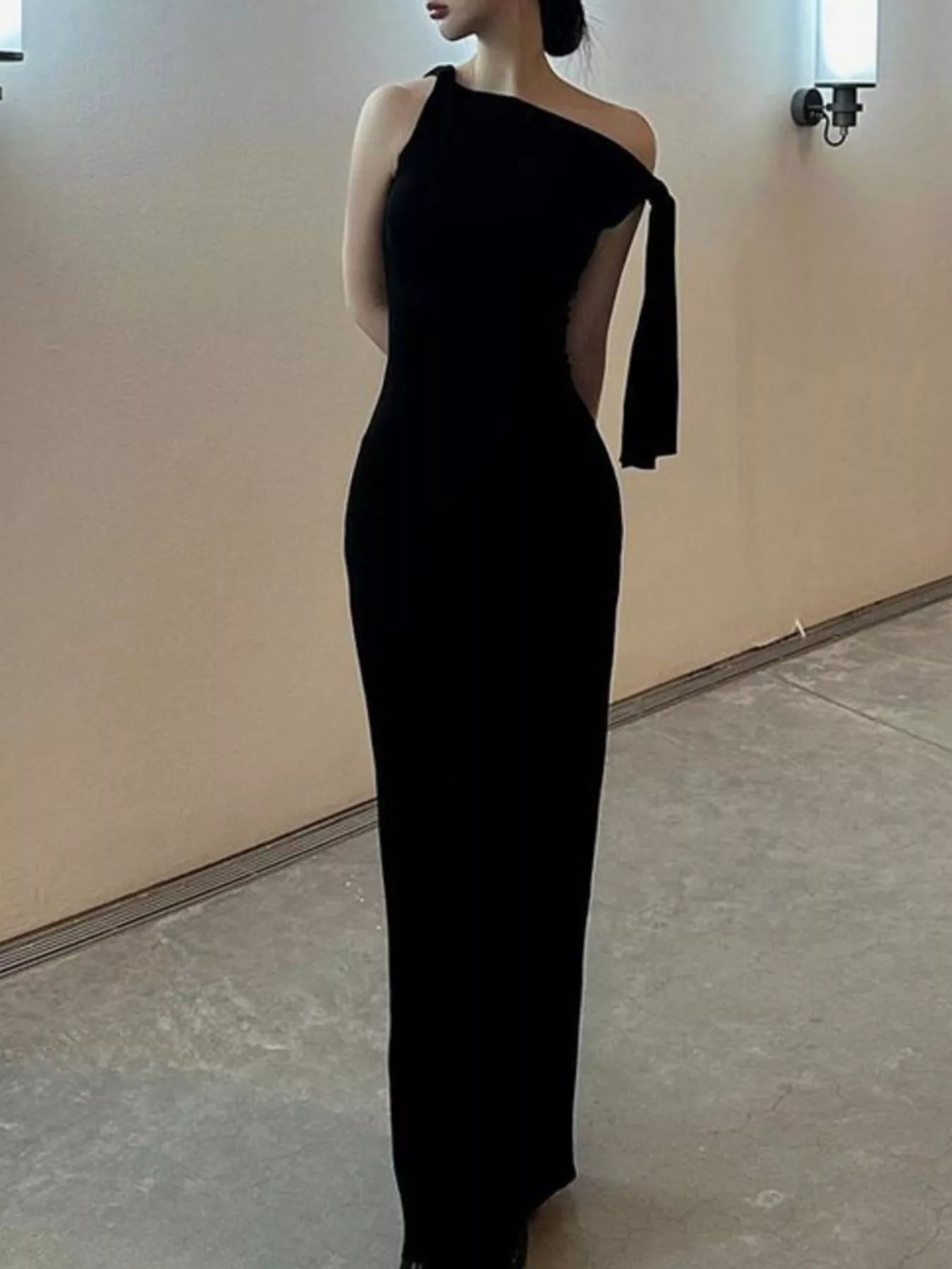 Draped maxi dress profile view