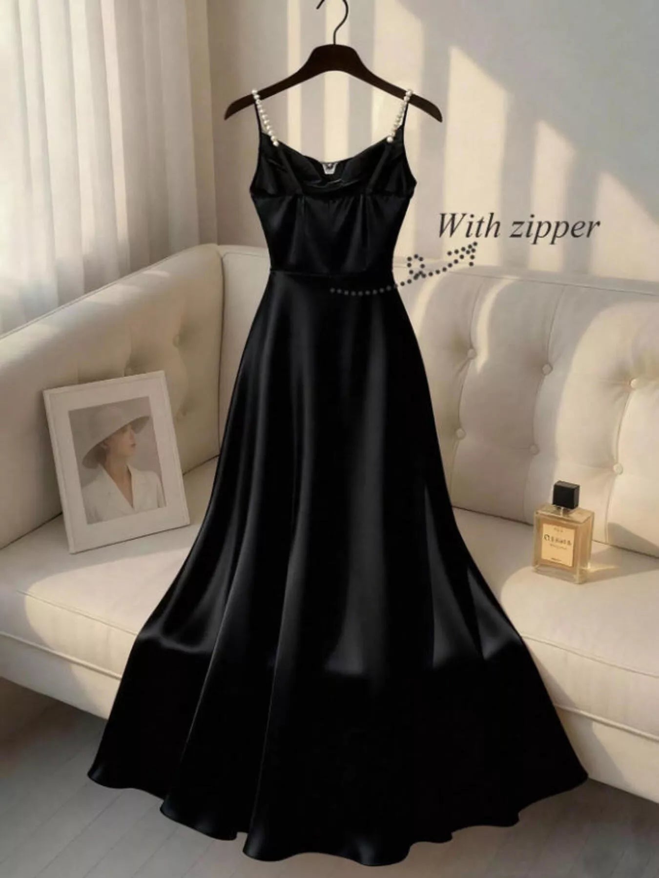 Black satin cami maxi dress on model