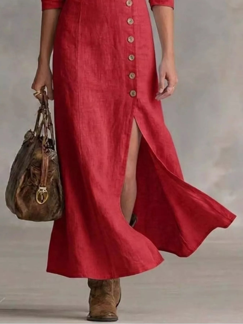 Button front slit maxi dress full length view