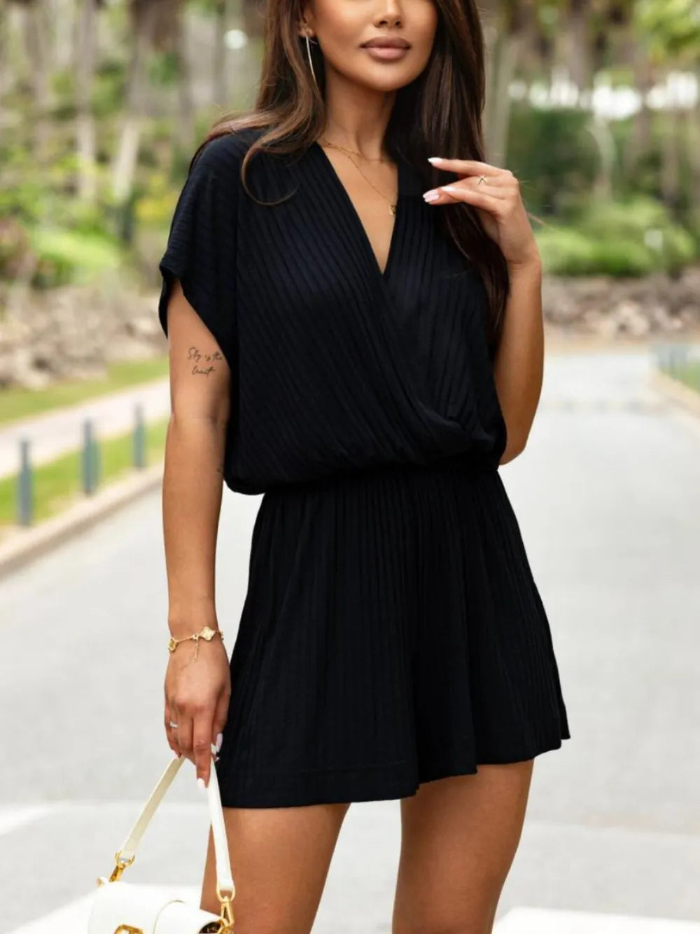 Short sleeve romper fabric texture close up