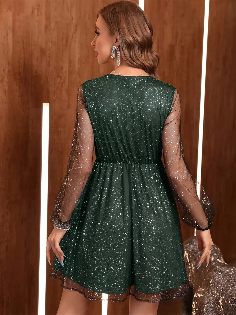 Long sleeve glitter mini dress back view