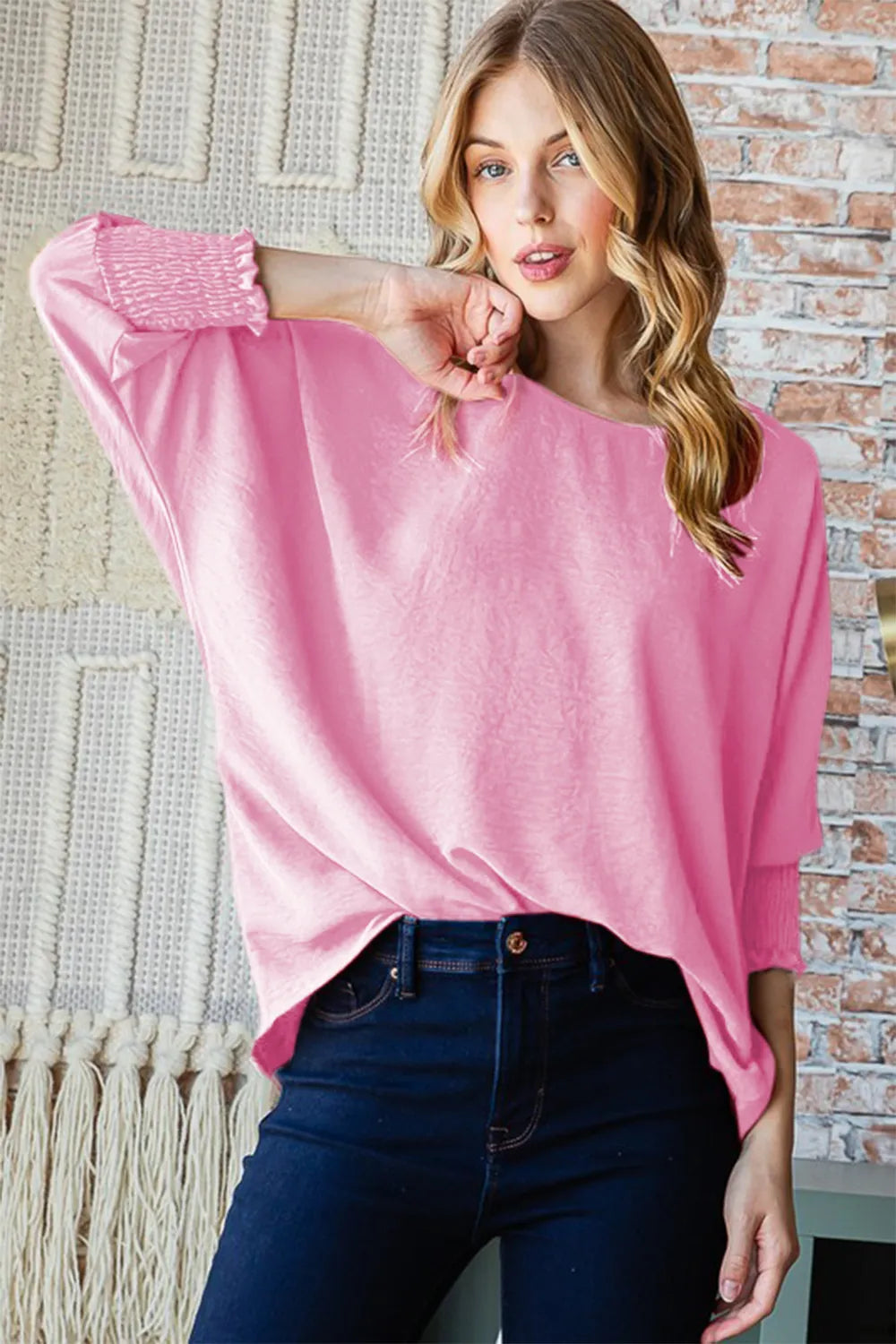 Smocked half sleeve detail on pink top