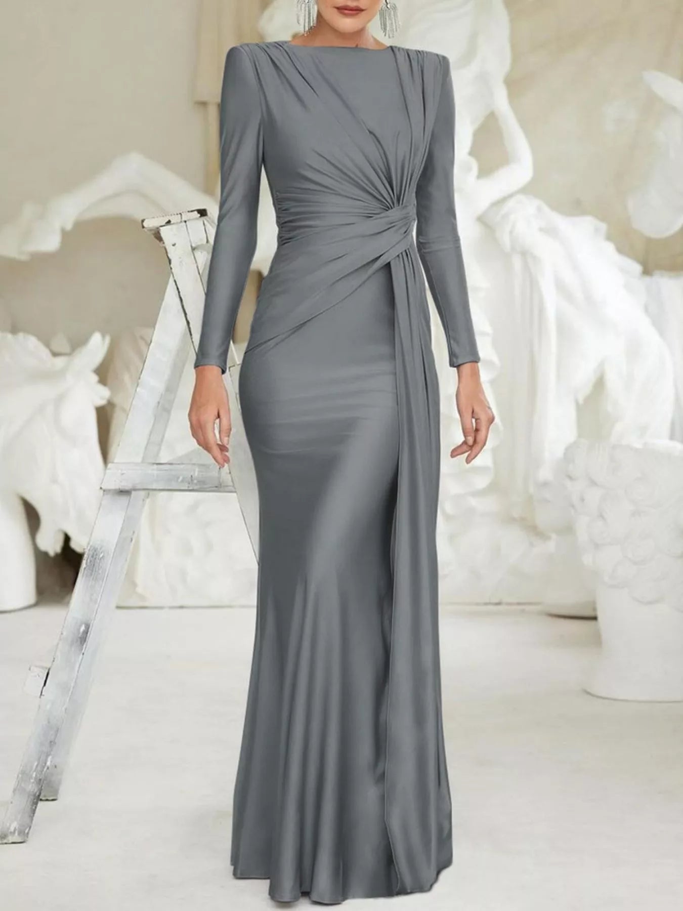 Twisted long sleeve maxi dress neckline detail