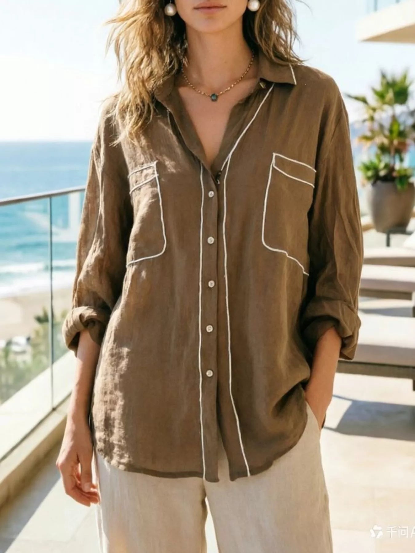 Contrast trim shirt in tan front view