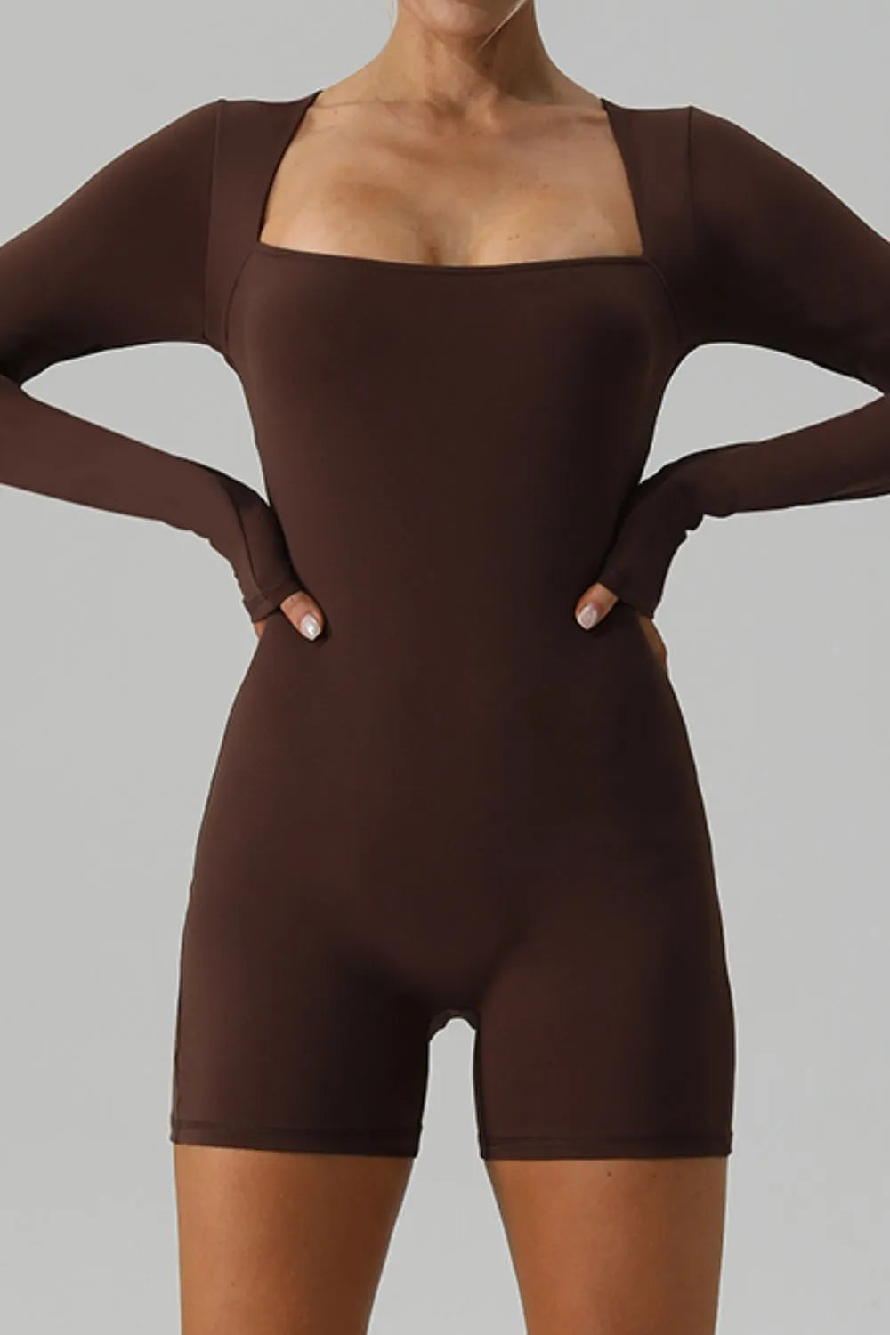Brown square neck active romper front view