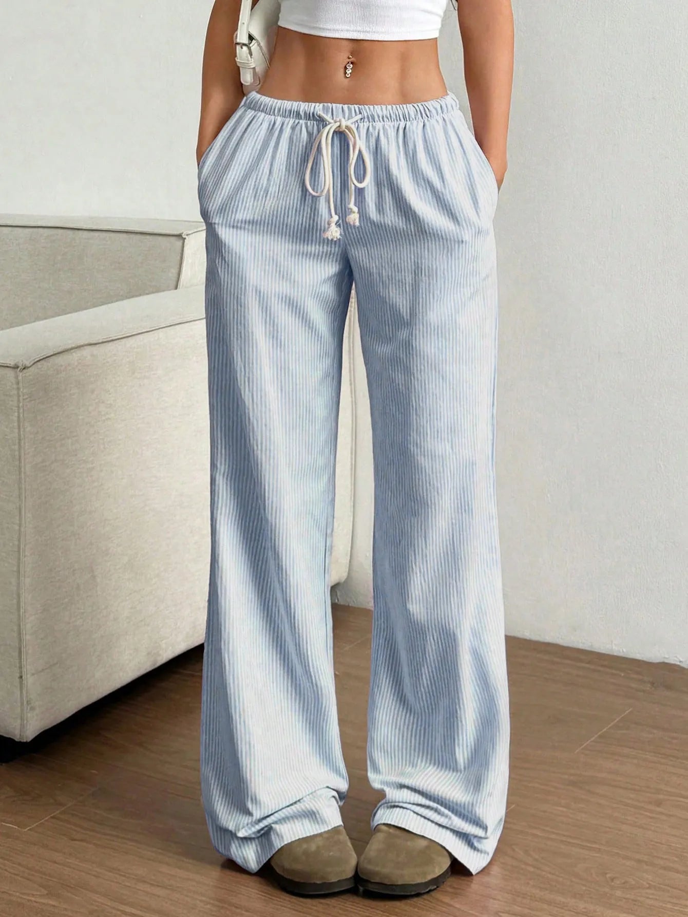 Light blue striped wide leg pants front