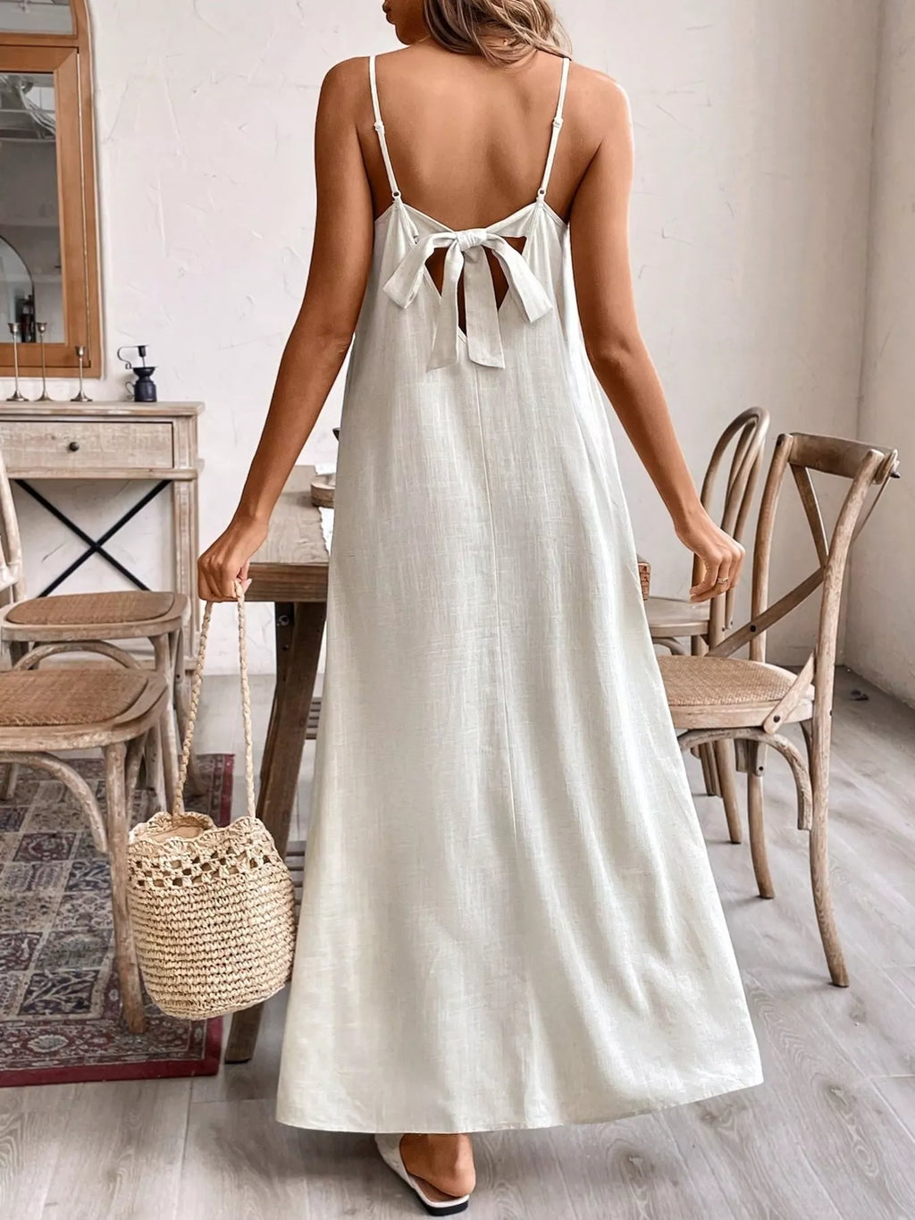 Rayon linen maxi dress fabric and strap detail close up