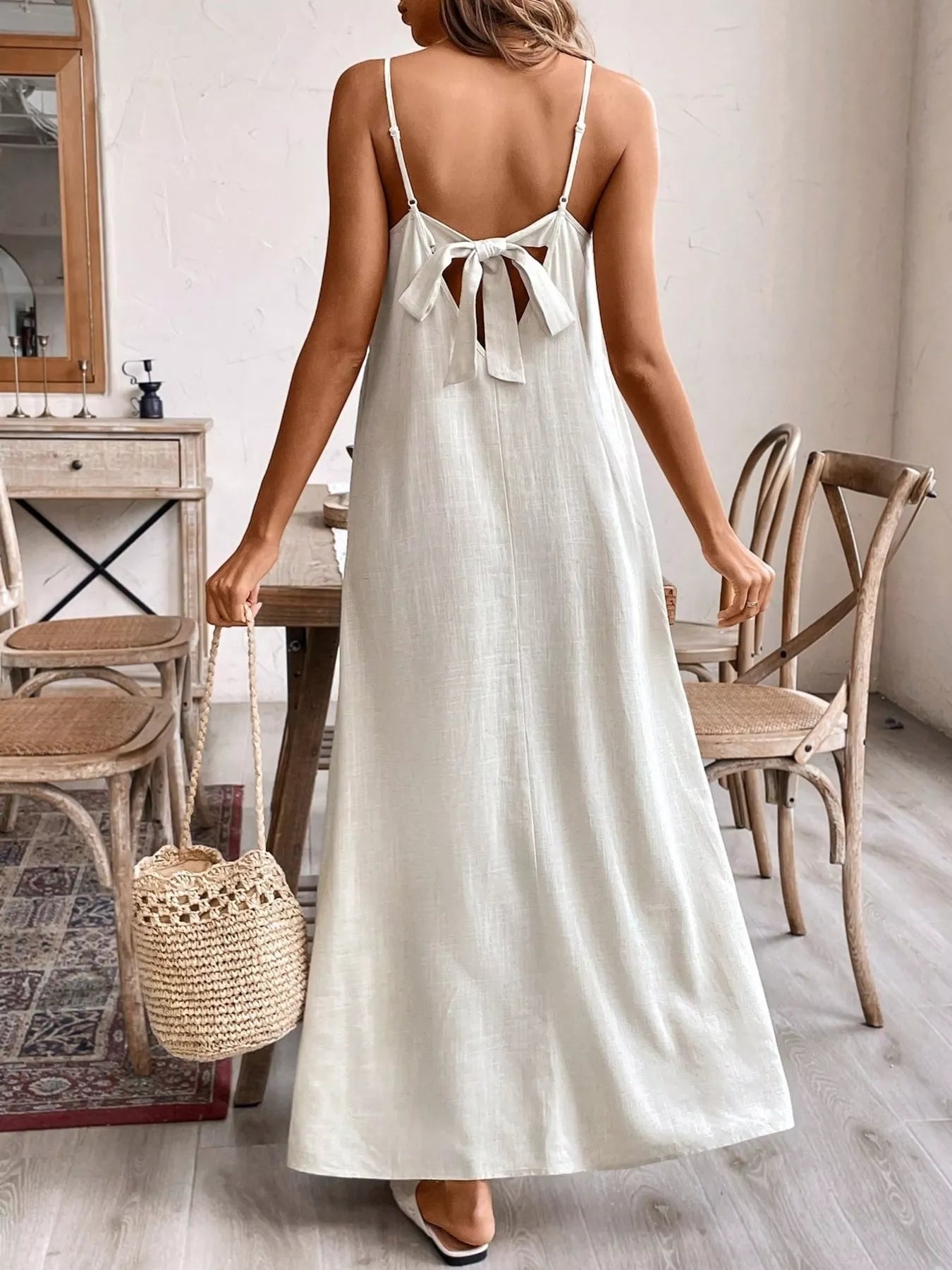 Rayon linen maxi dress fabric and strap detail close up