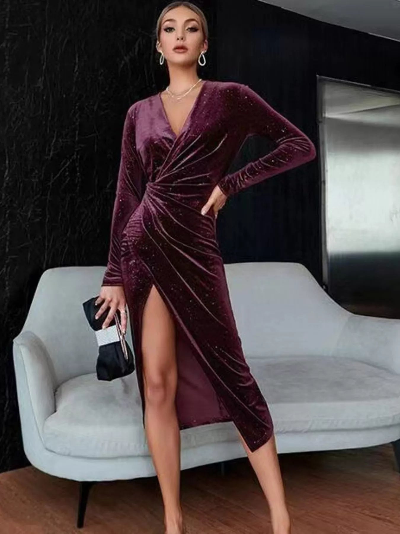 Velvet ruched midi dress on model front