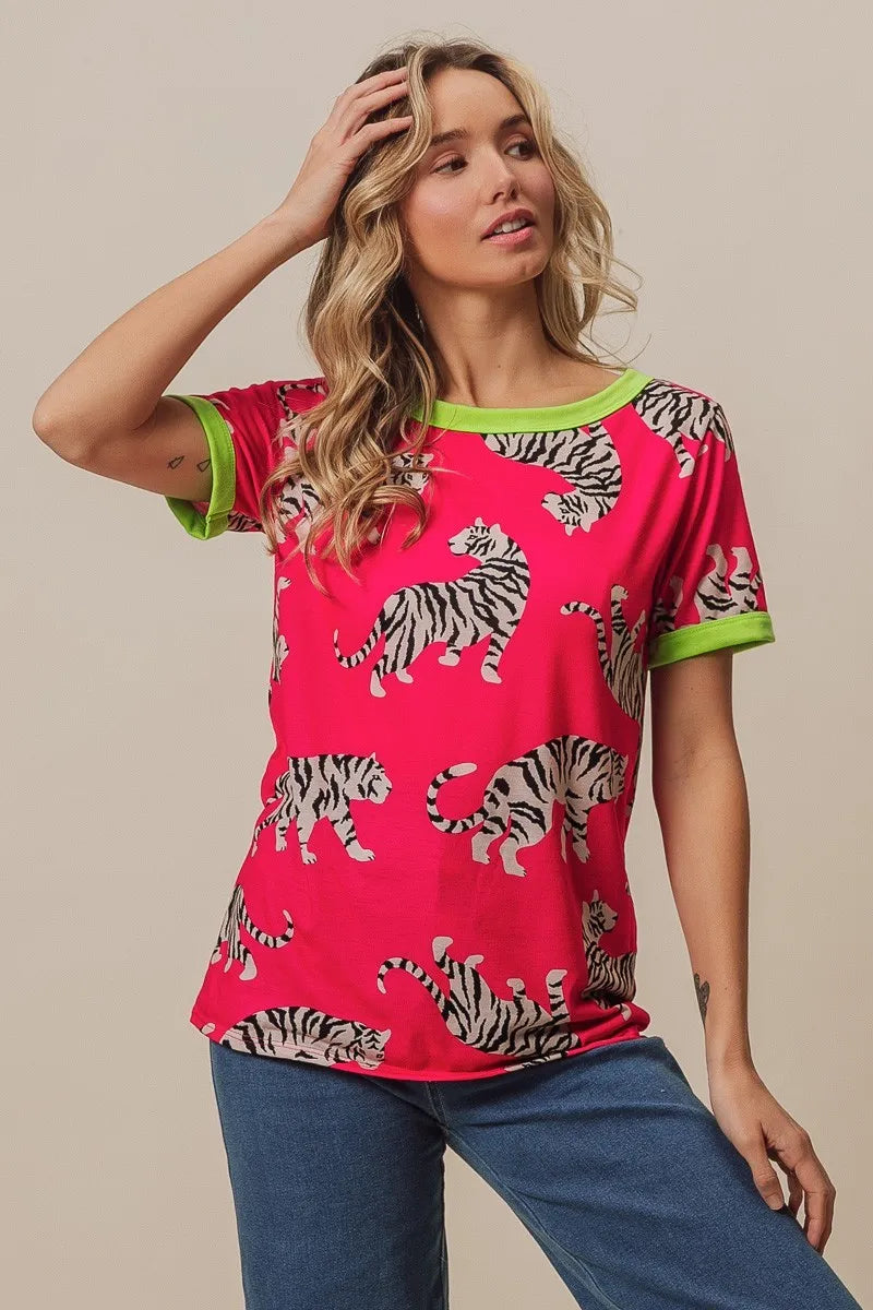 Tiger print ringer top graphic close up