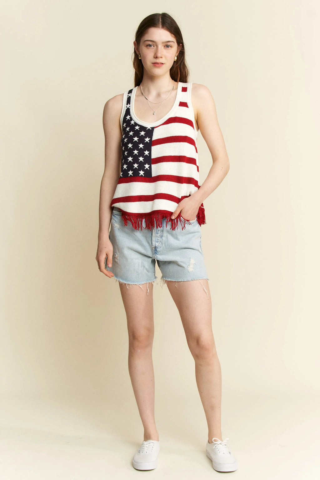 Fringe tank top scoop neckline detail