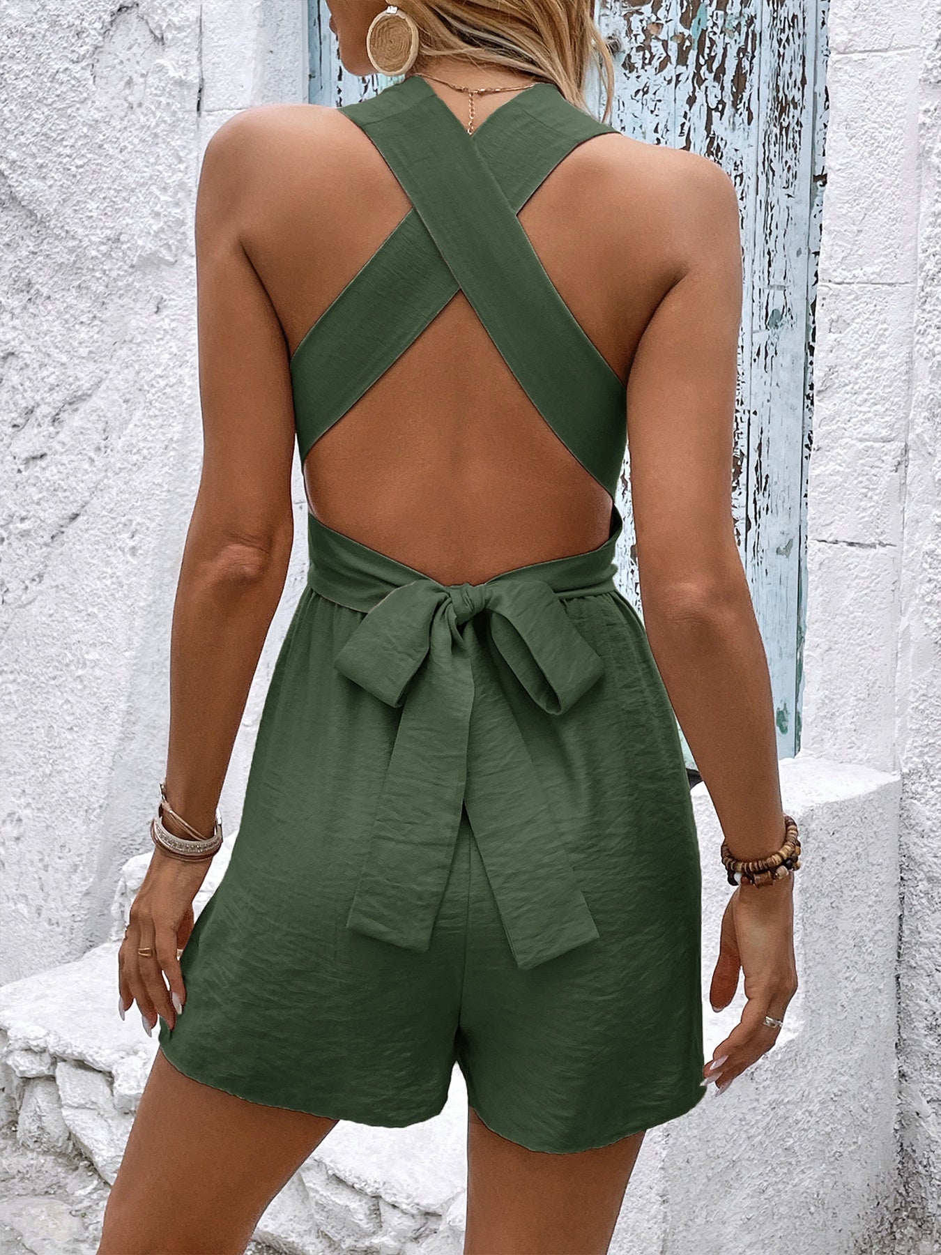 Moss crisscross back sleeveless romper on model