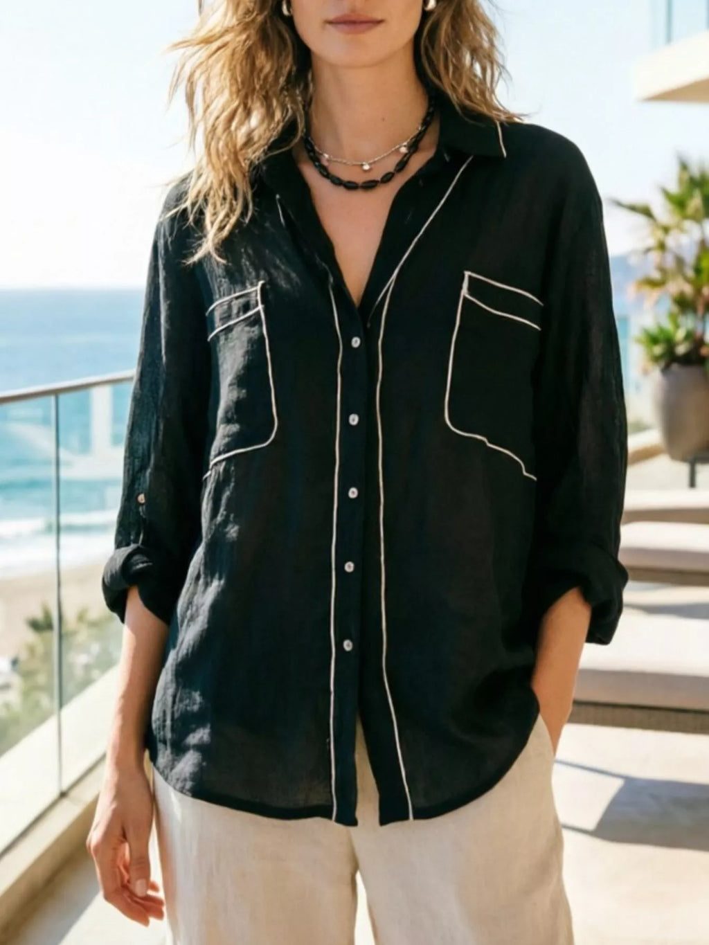 Contrast trim button up long sleeve shirt front view
