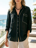 Contrast trim button up long sleeve shirt front view