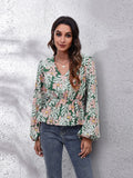 Floral V neck balloon sleeve peplum blouse front view