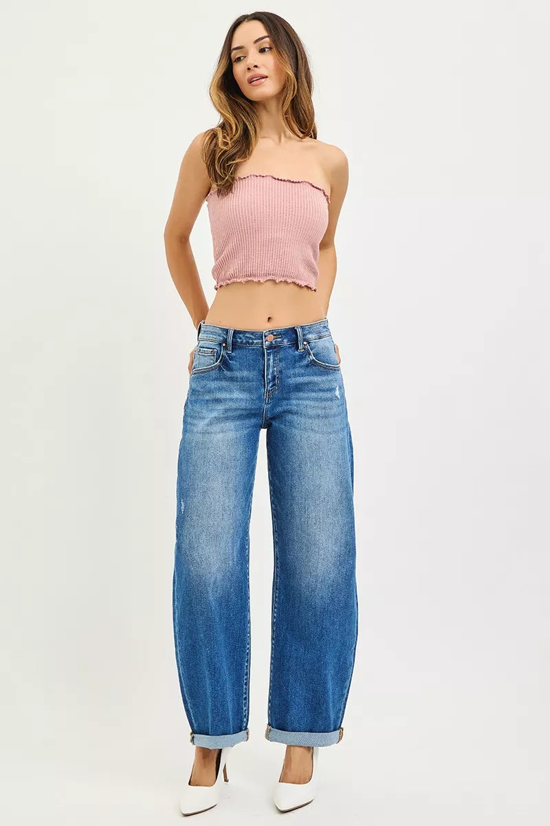 RISEN barrel jeans distressed pocket detail