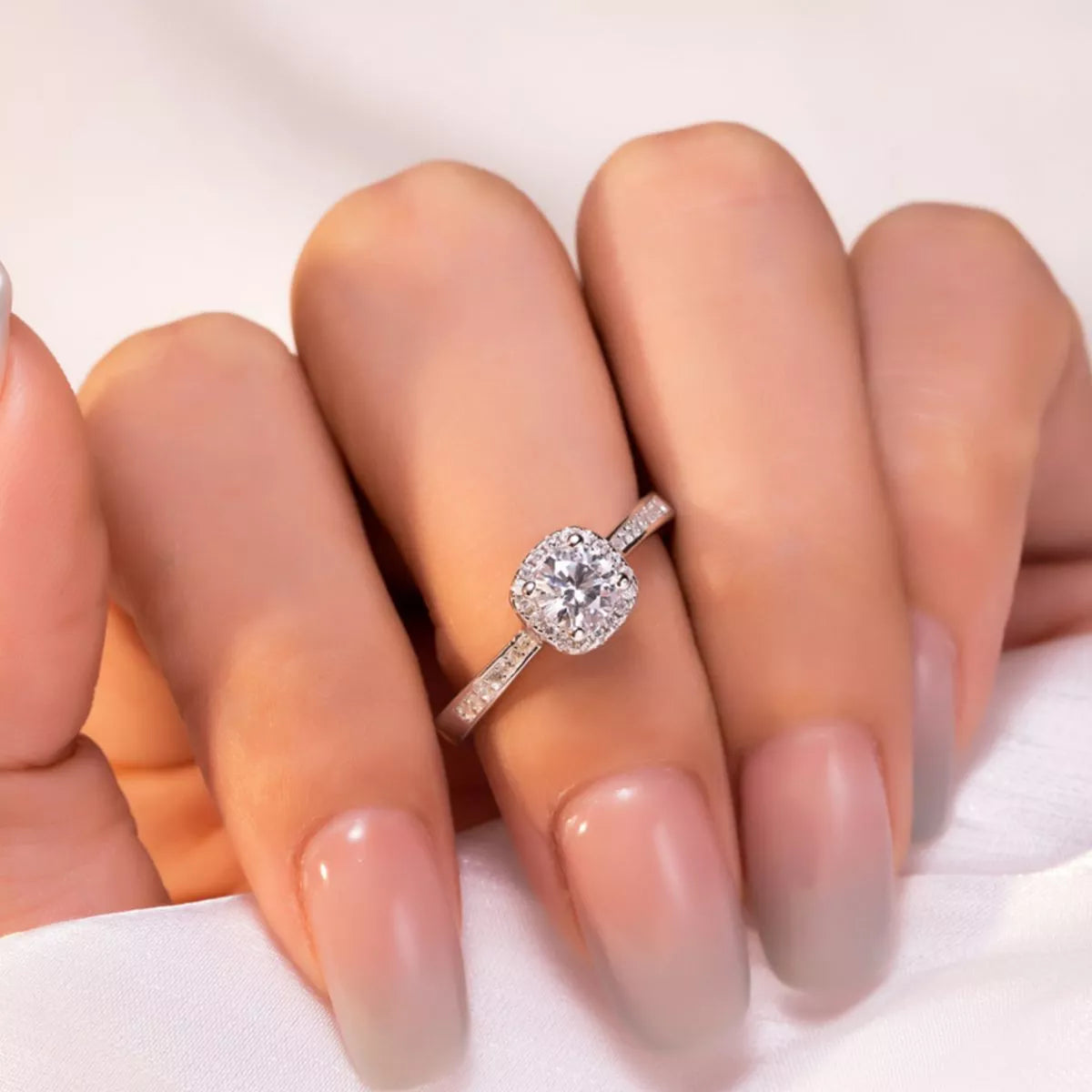 Moissanite adjustable silver ring on hand
