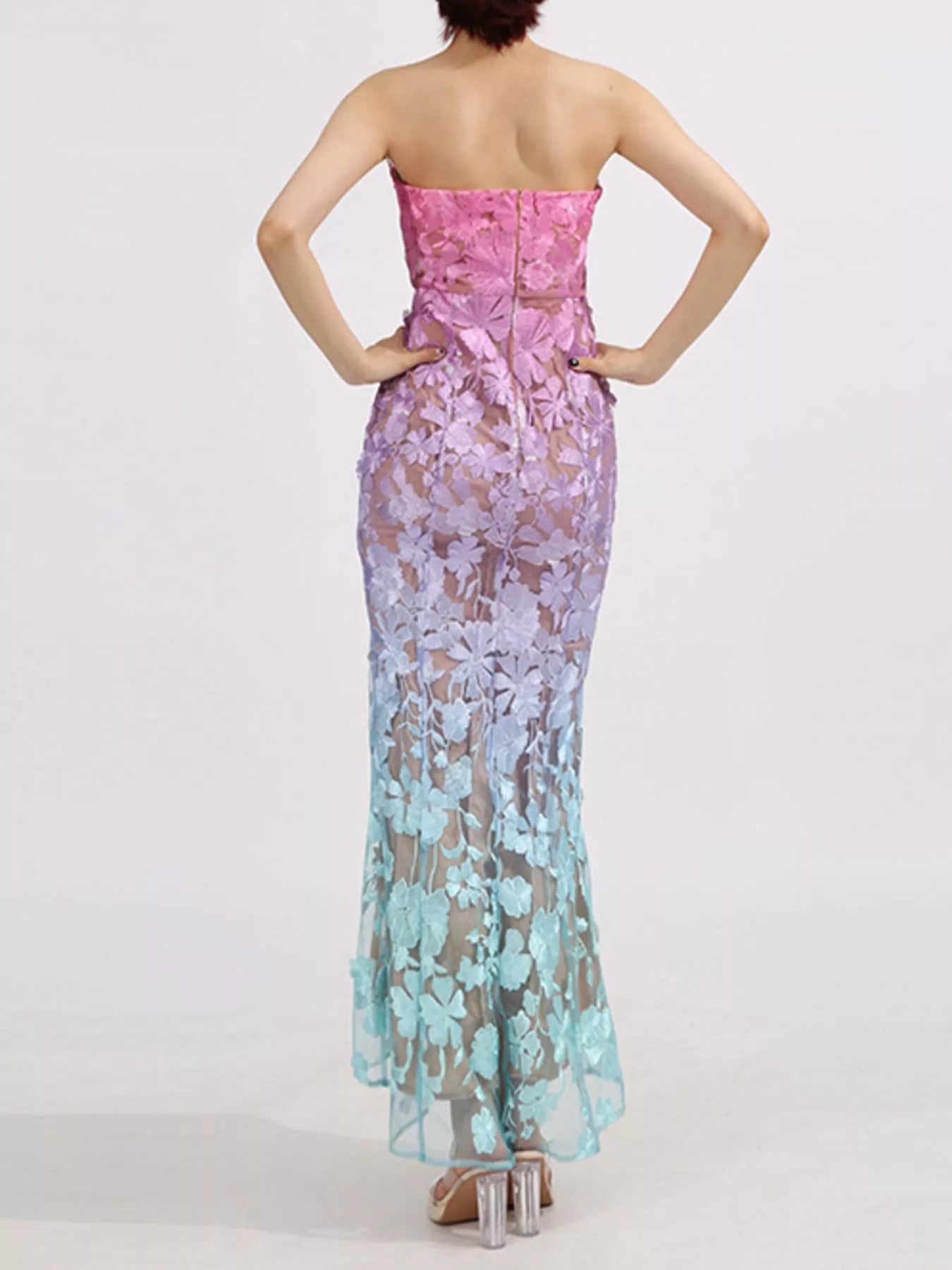 Strapless neckline detail of floral maxi dress
