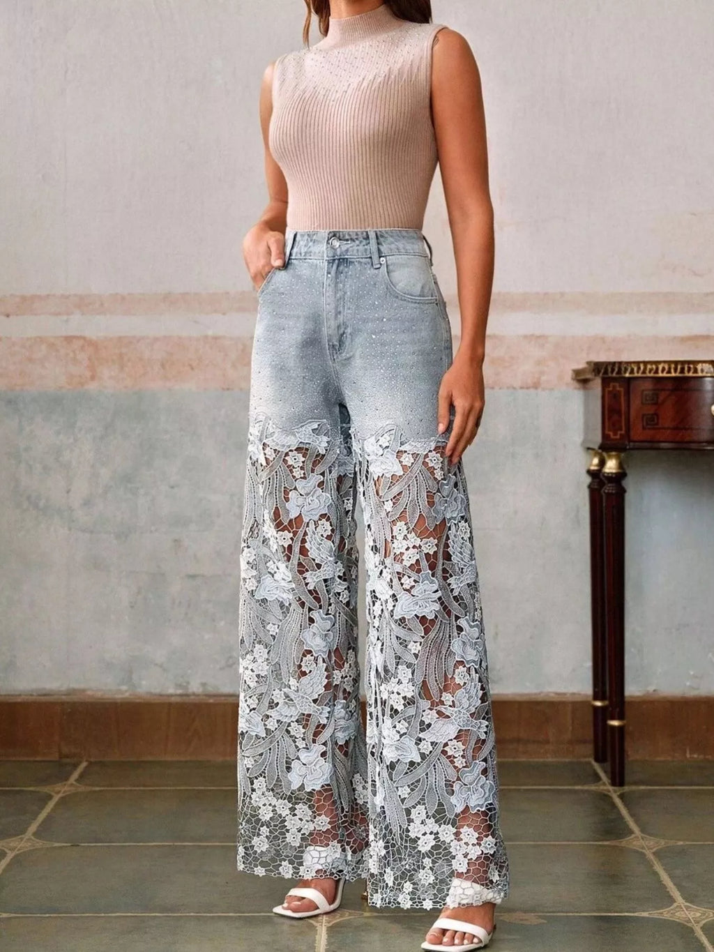 Lace wide leg jeans back view