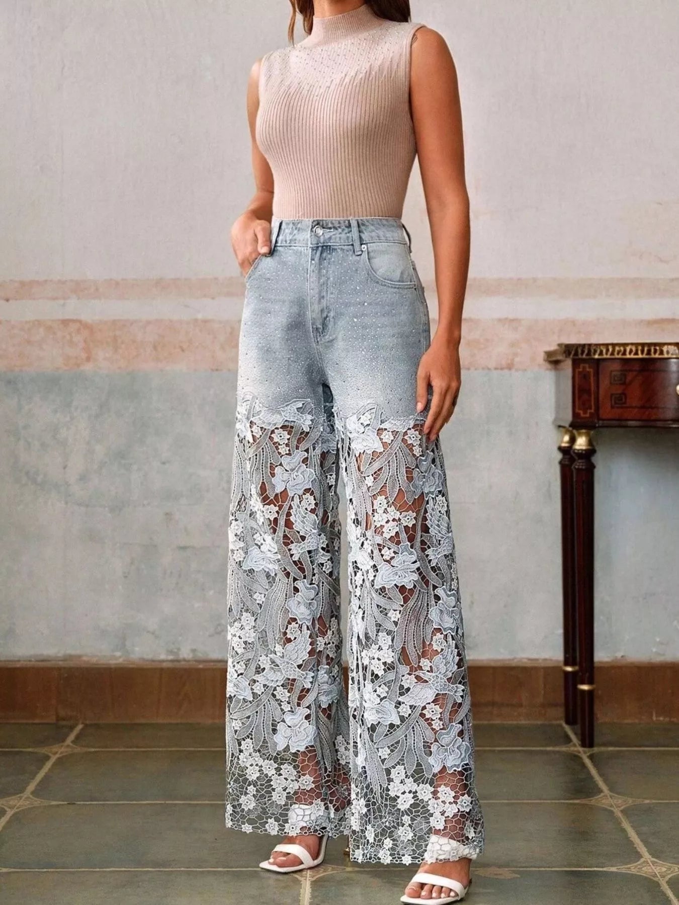 Lace wide leg jeans back view