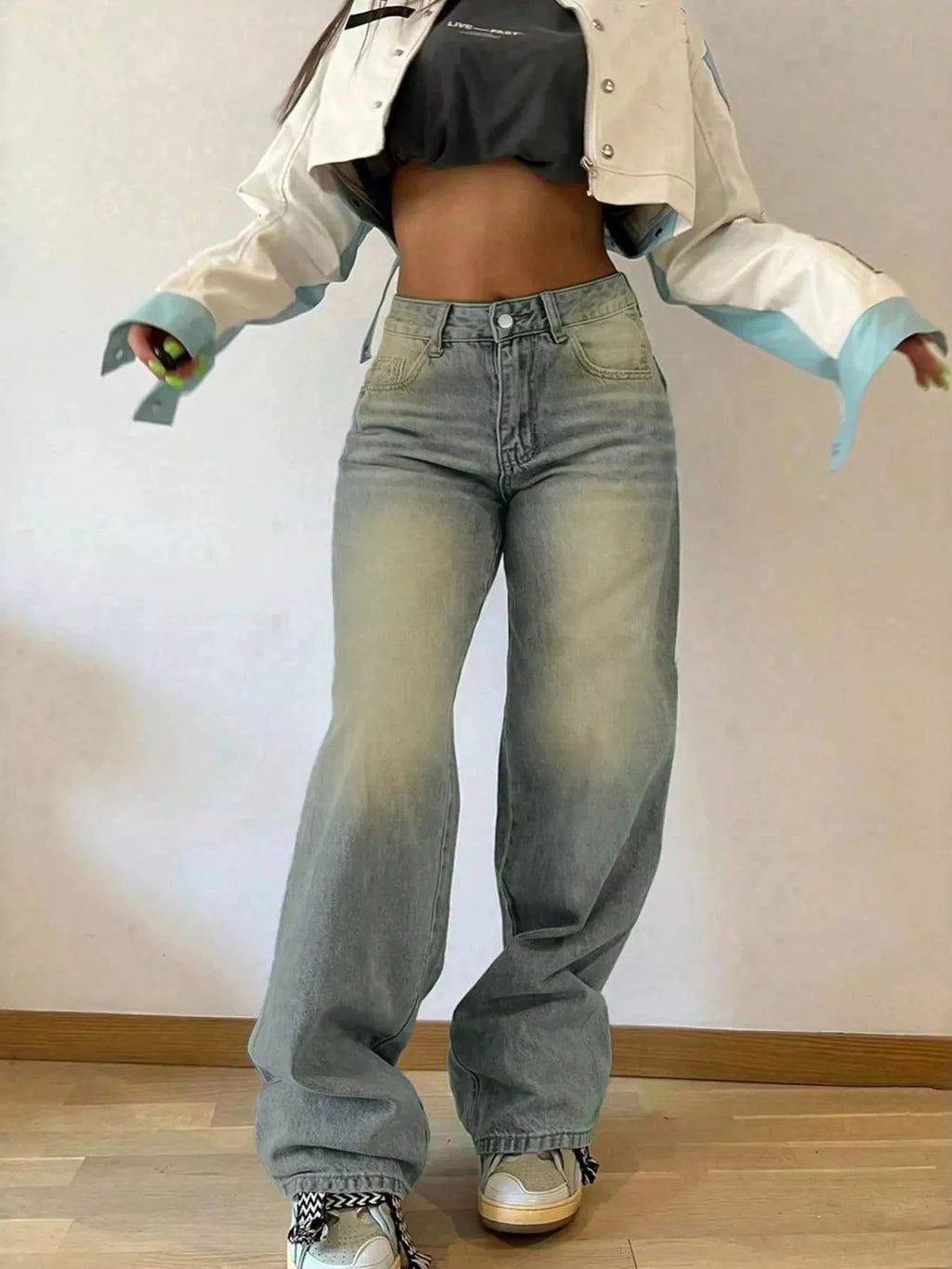 Navy vintage wash wide leg jeans front view on model