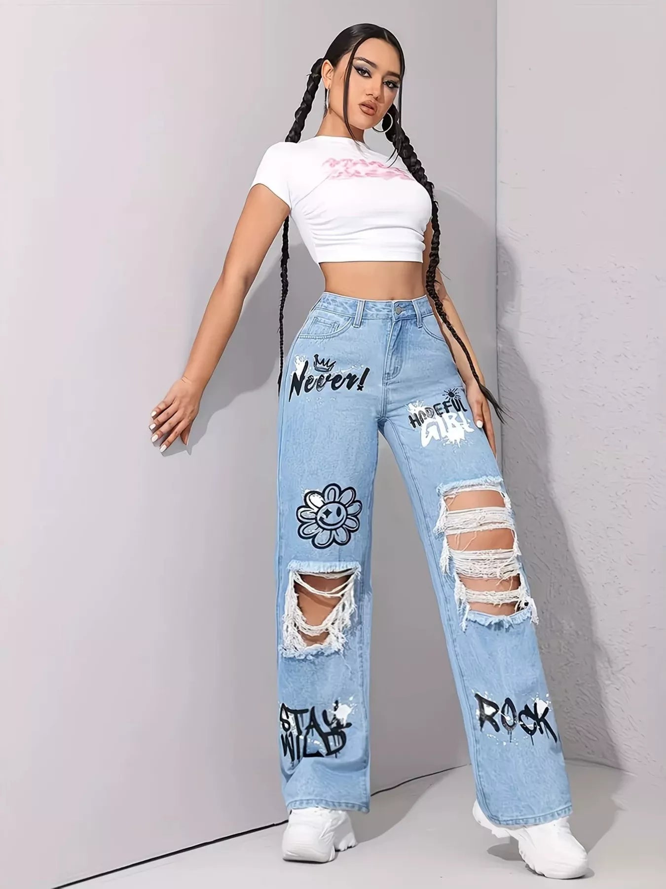 Distressed wide leg jeans back view