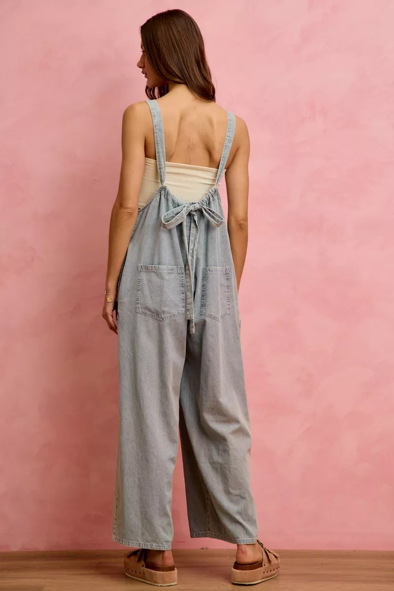 Denim overalls close up of strap and buckle detail