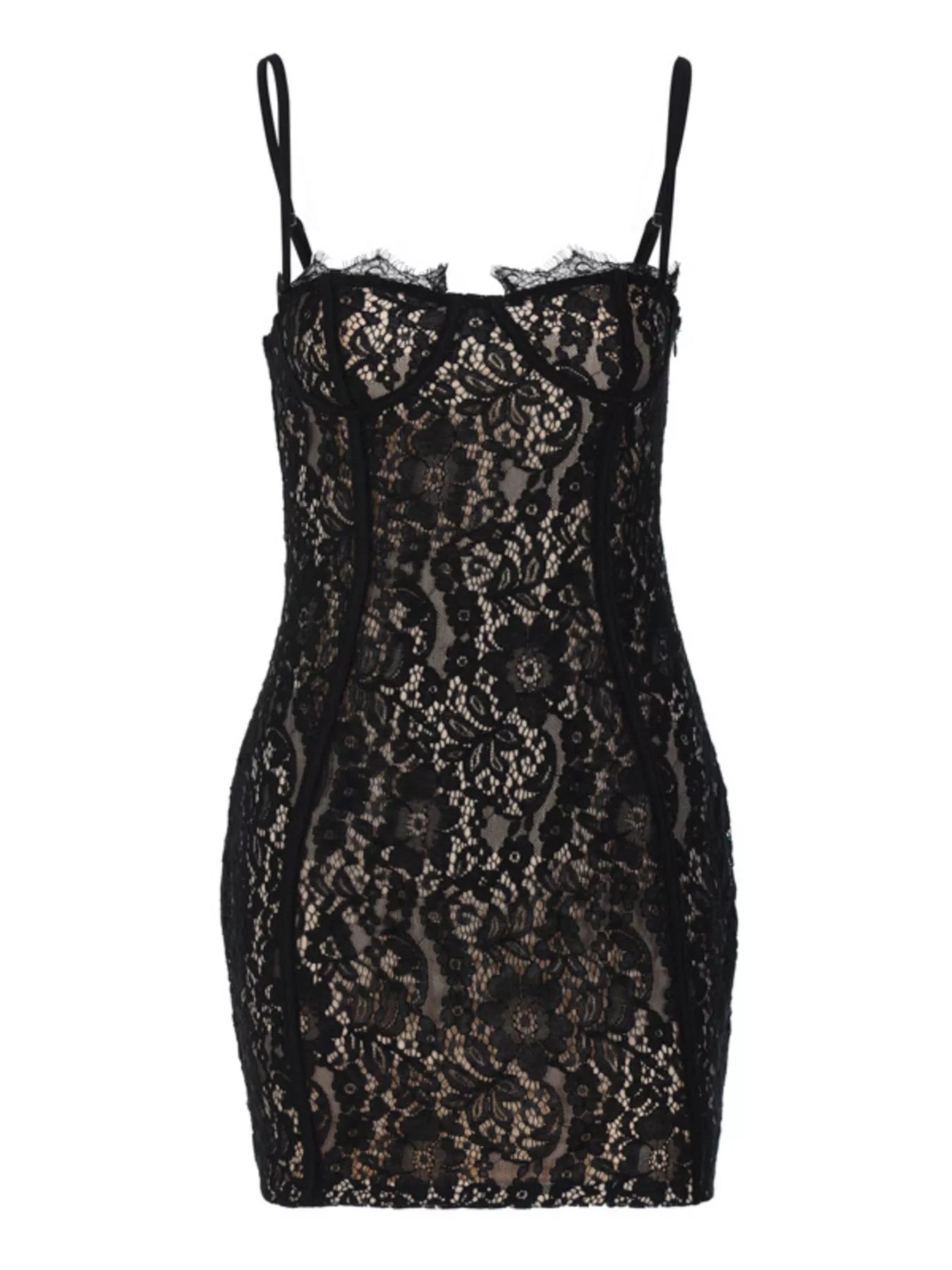 Model wearing black lace spaghetti strap mini dress