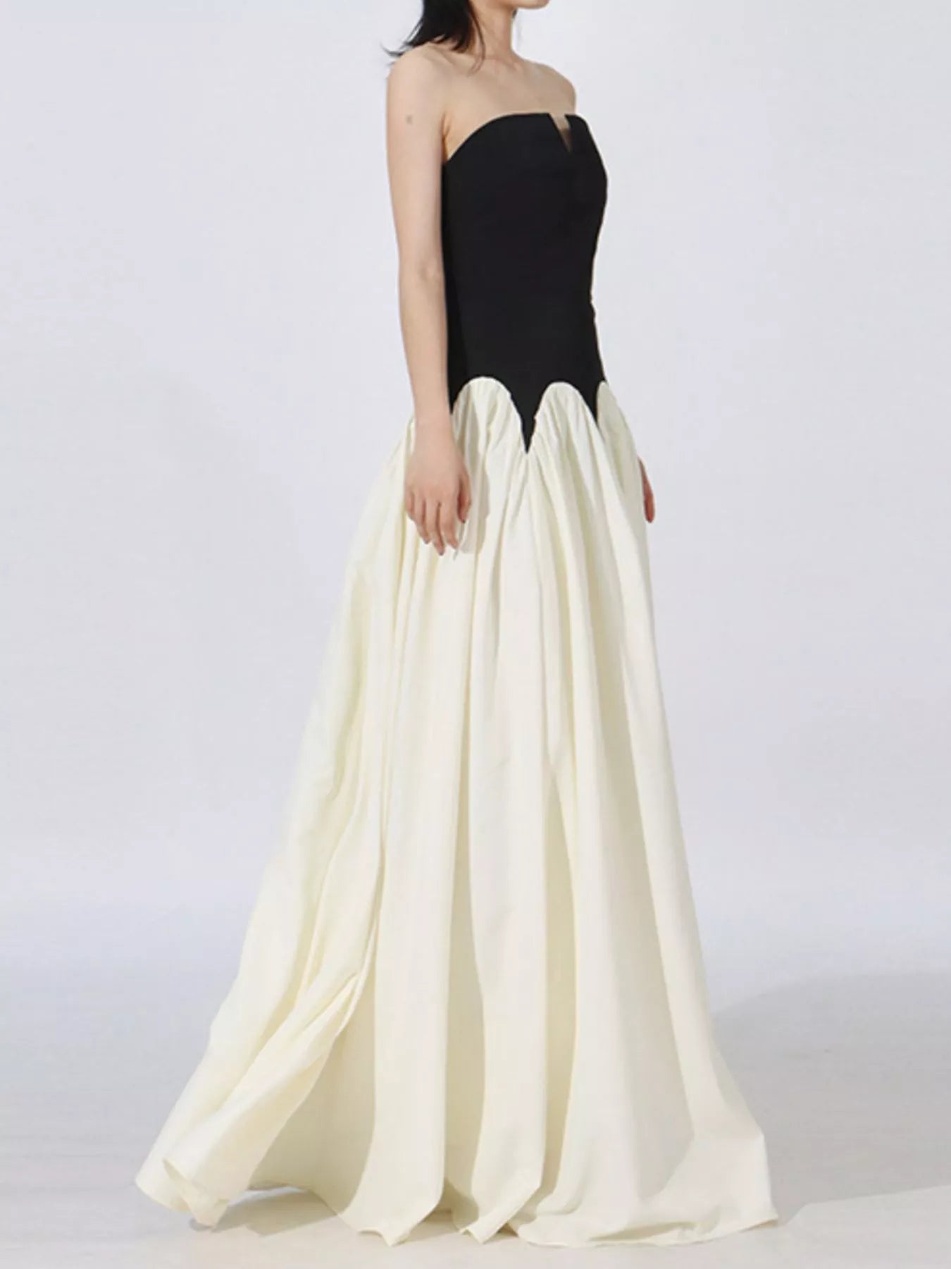 Two tone strapless maxi dress on model