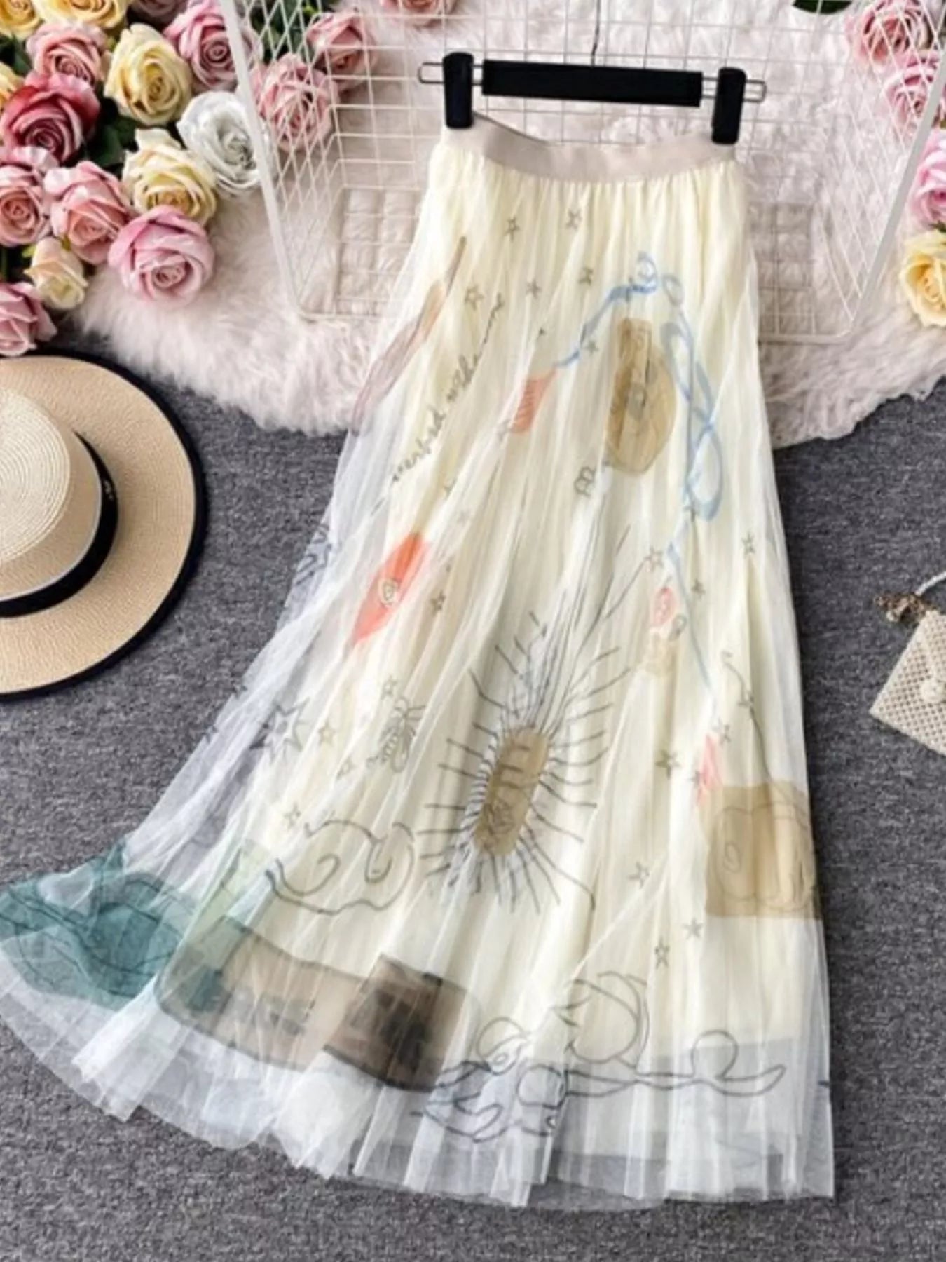 Black tulle midi skirt on model