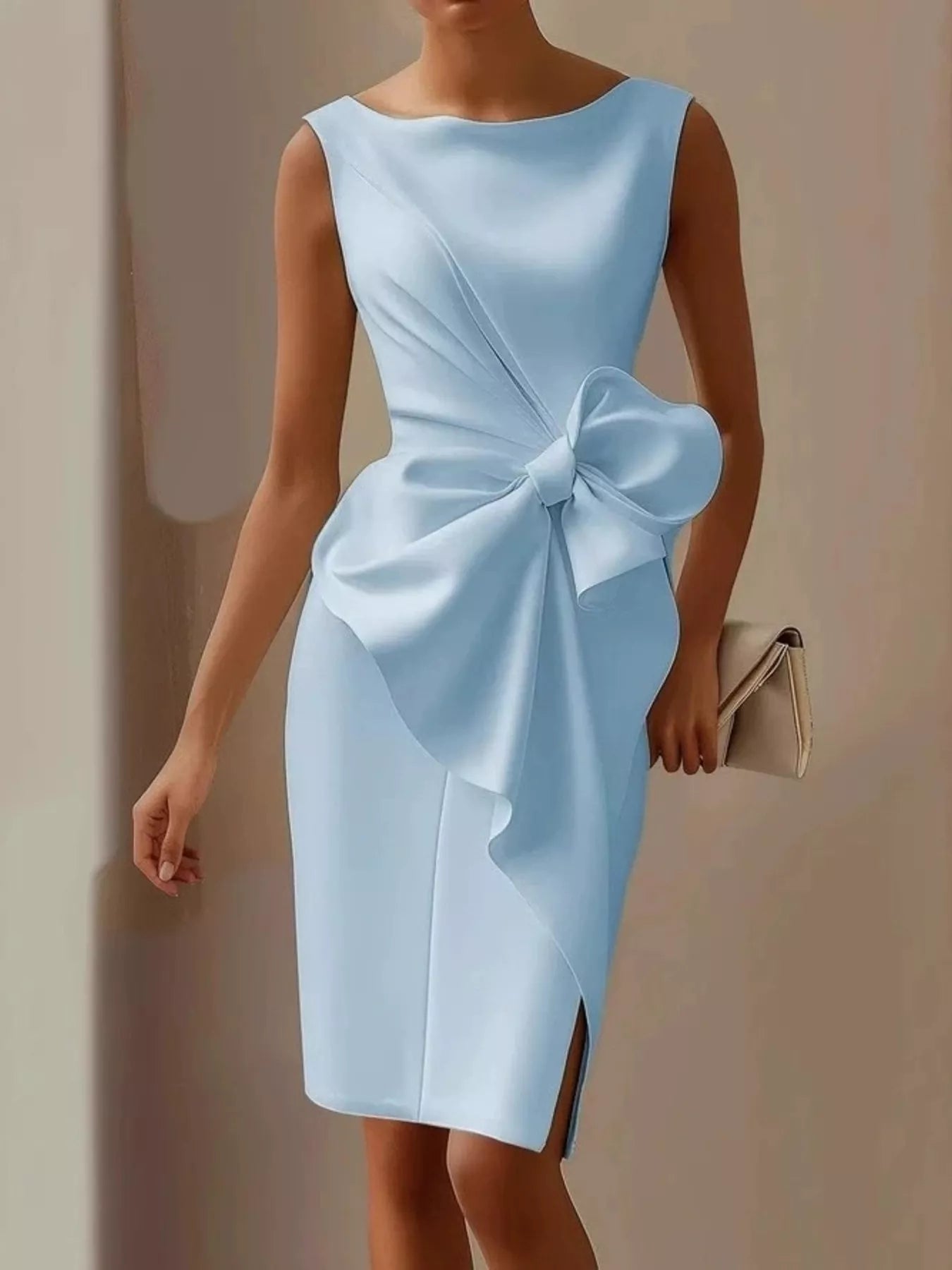 Sky blue bow detail sleeveless dress front view