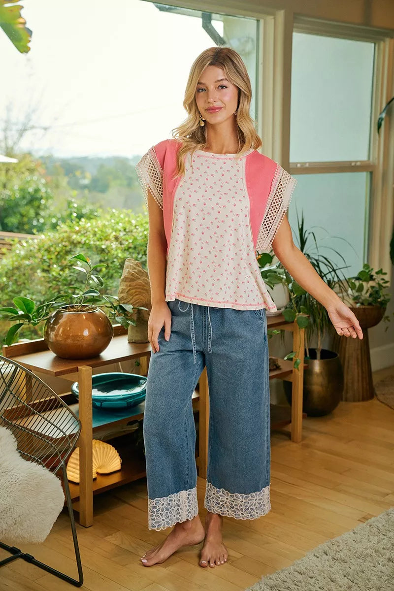 Denim pants lace waist detail alternate angle
