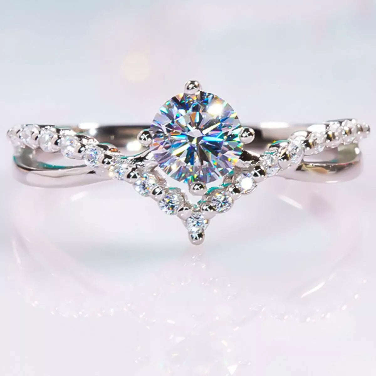 Moissanite stone detail on silver ring