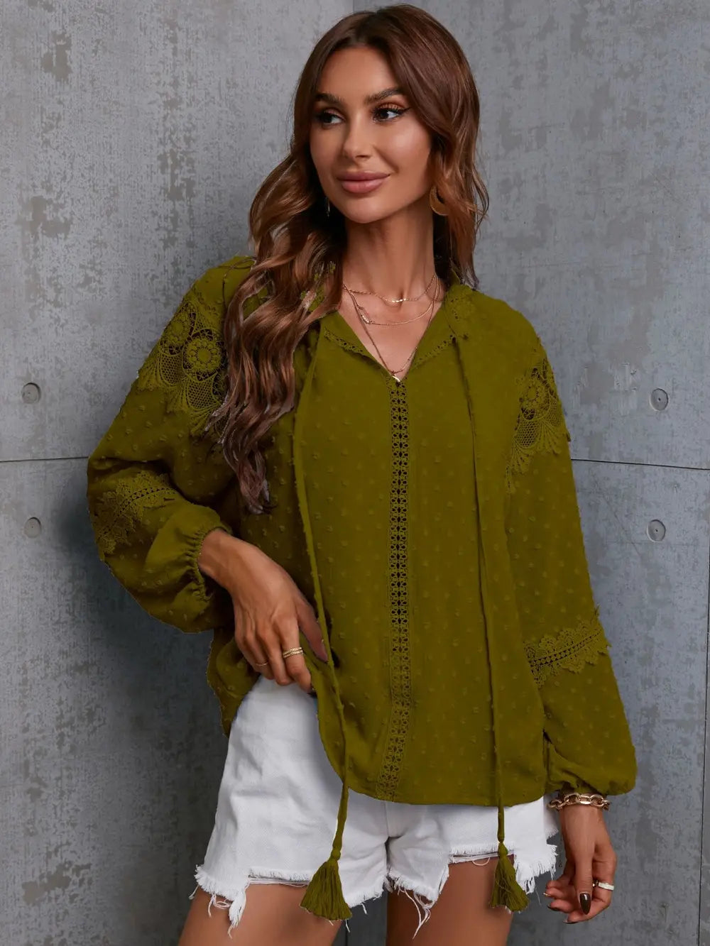 Wine crochet tassel blouse on model