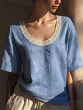 Lace trim short sleeve blouse plus size front view in sky blue