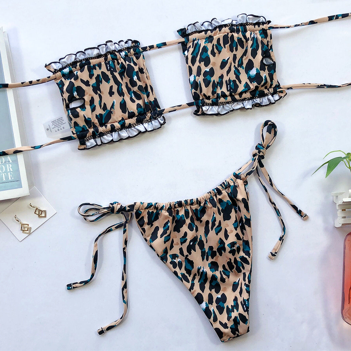 Frill trim bikini set styled on model