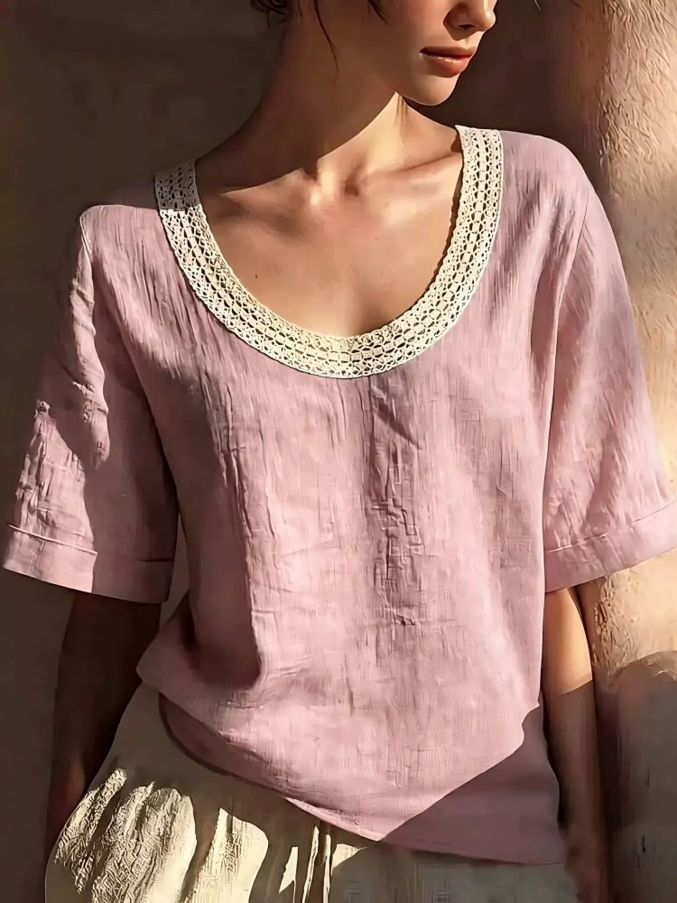 Lace trim short sleeve blouse plus size in white