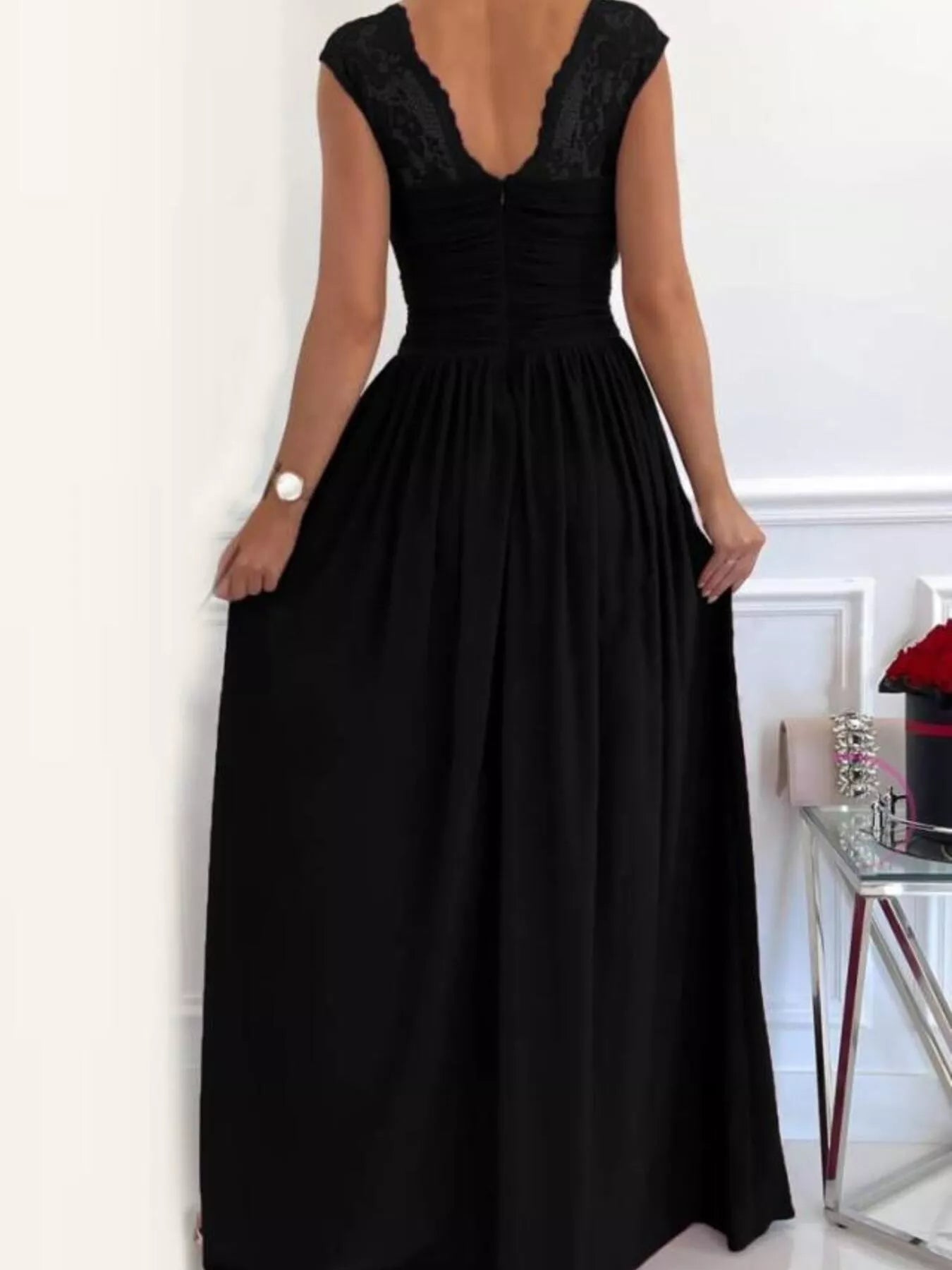 Lace maxi dress profile view